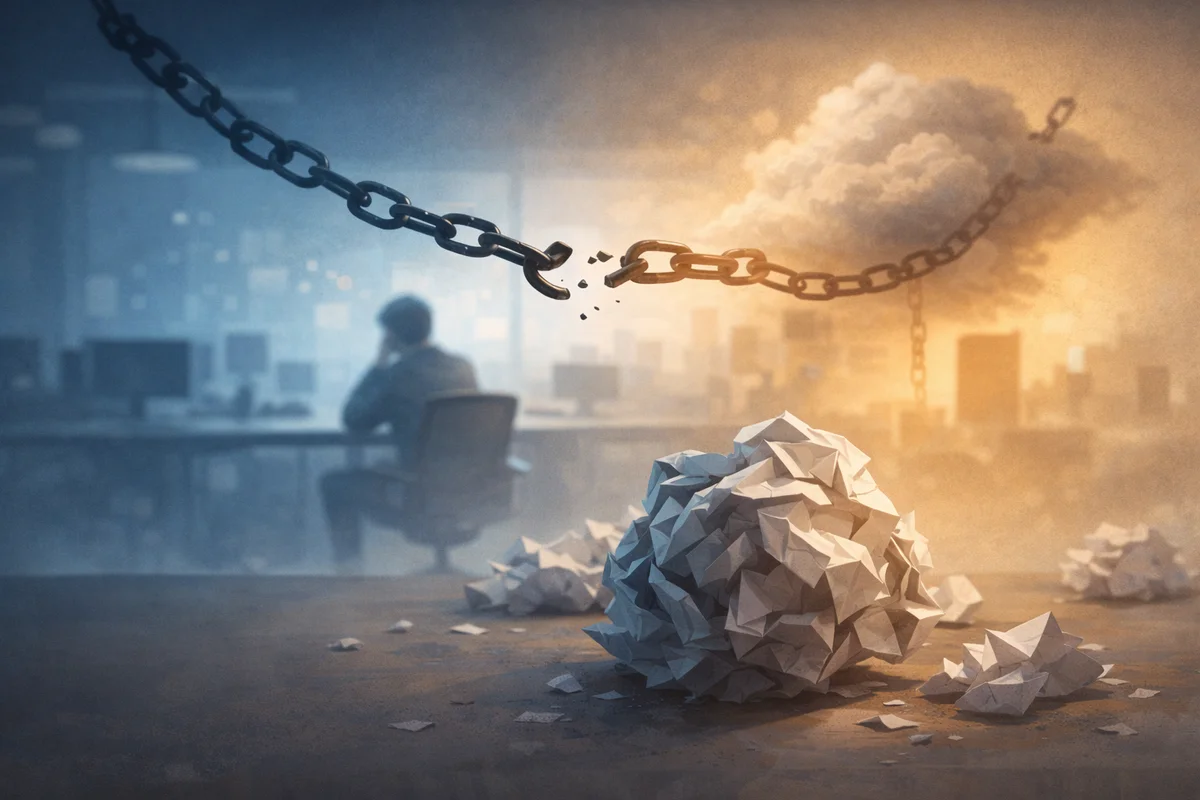 机上の丸めた紙と奥に伸びる鎖、背景にぼかした作業空間