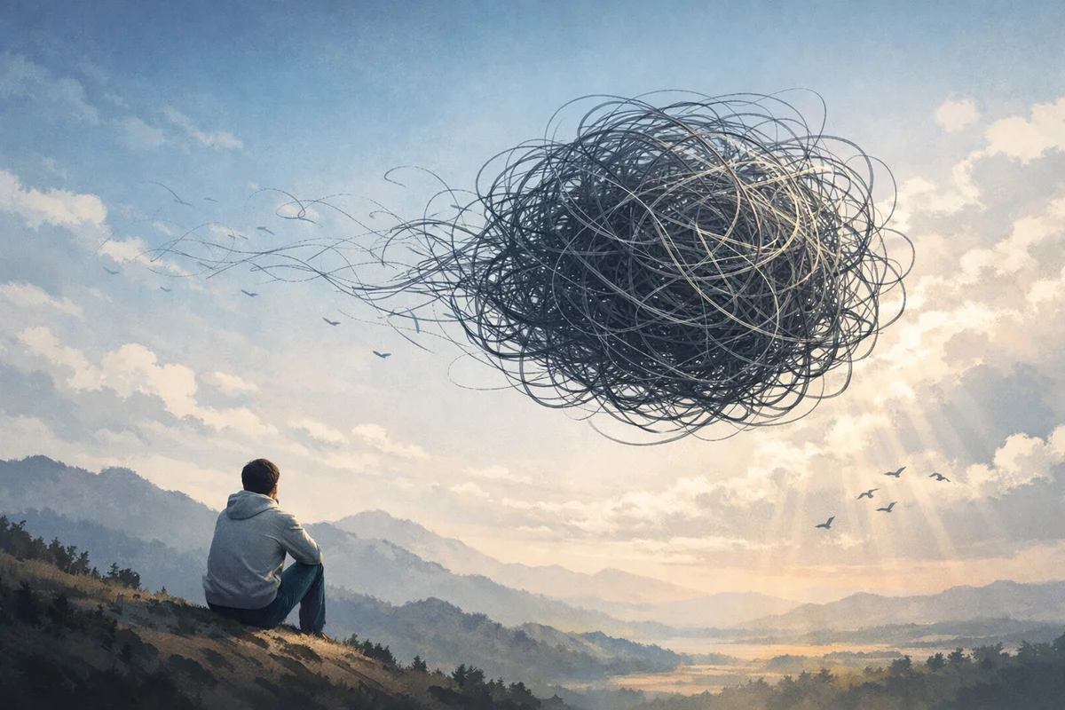 丘の上の人物の奥に、空中で絡まる糸玉状の線が浮かぶ静かな空間
