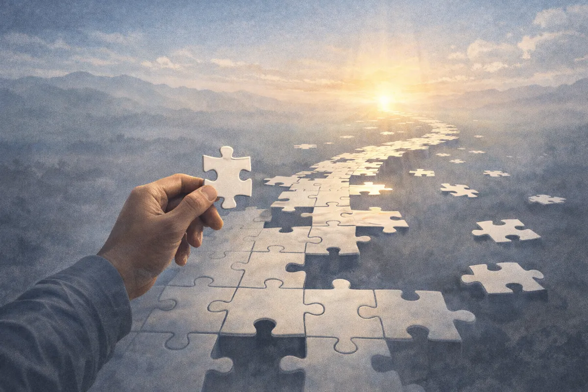 手前の手が欠けたパズル片を持ち、奥へ続くピースの道が光の方へ伸びる遠近感のある風景