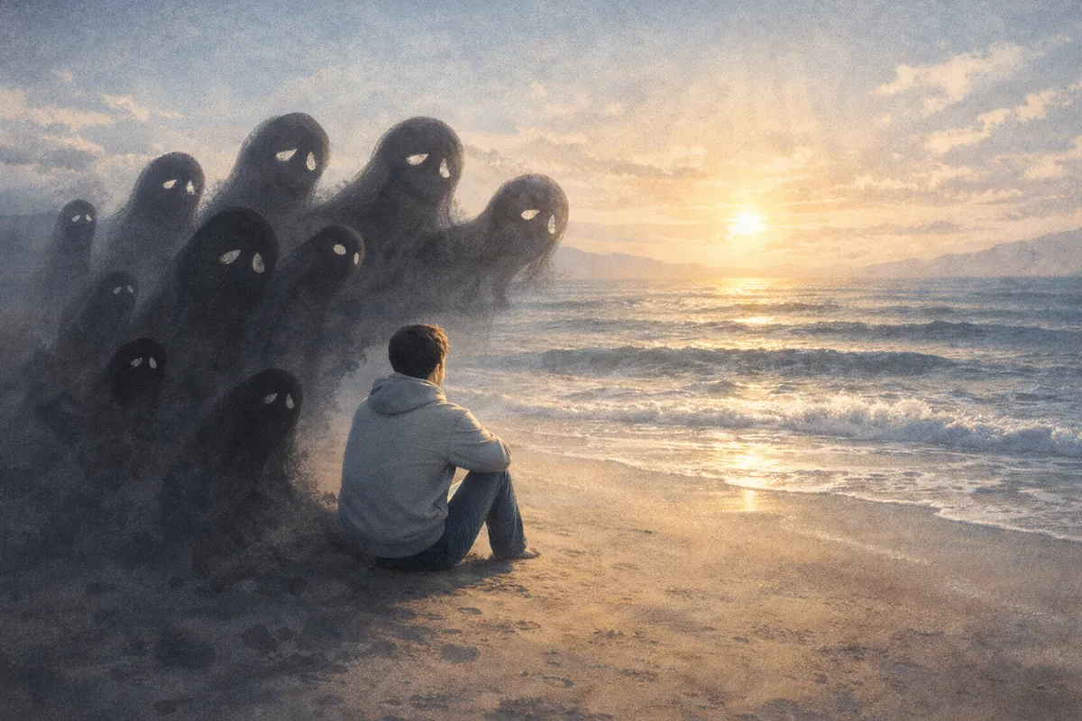 夕方の海辺で小さな人物が座り、背後の影のかたまりが奥の光へ溶ける遠近感のある景色