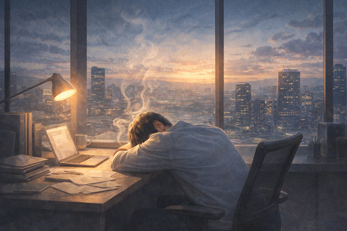 夕暮れのオフィス机で人物がうつ伏せになり、窓外の街明かりへ視線が抜ける奥行きのある室内風景