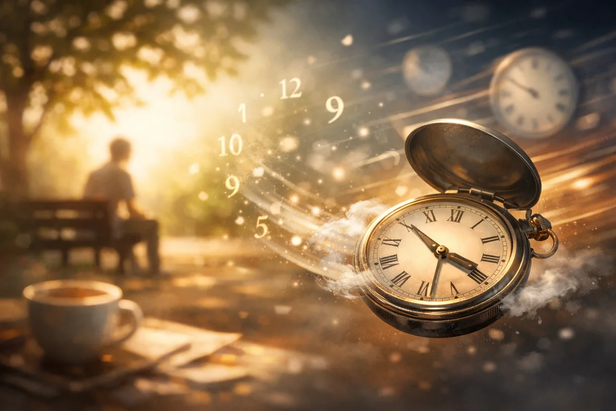 静かな室内の中央に砂時計が置かれ、奥へ続く光の通路が奥行きを作るイラスト