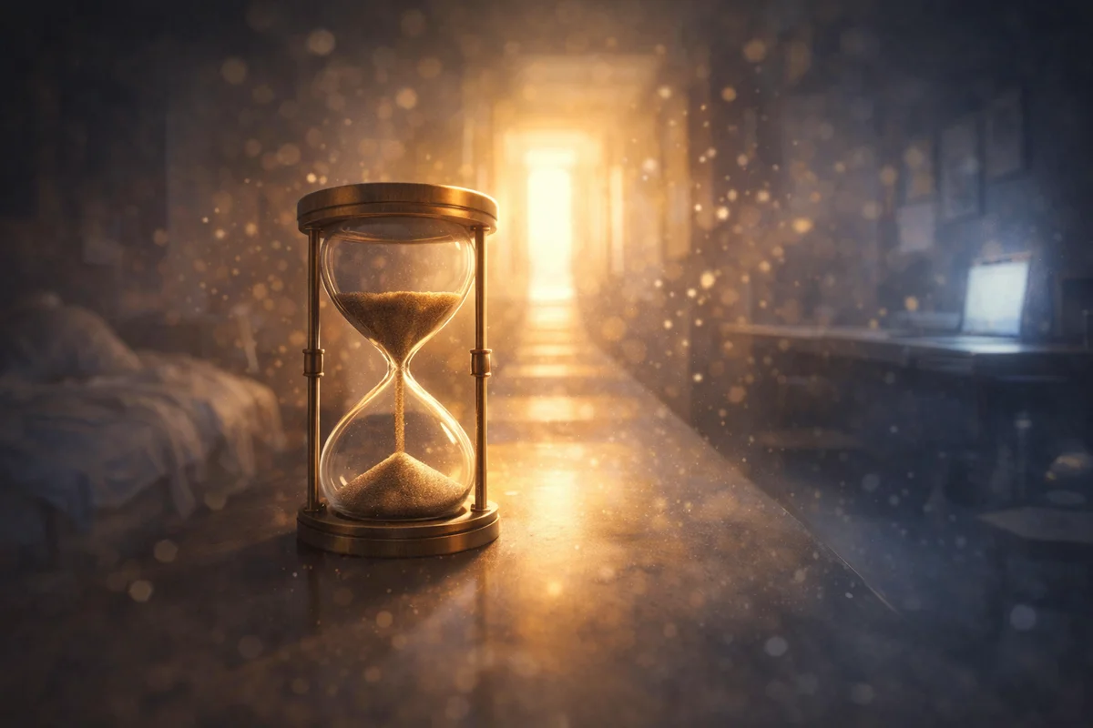 静かな室内の机上に砂時計が置かれ、奥へ伸びる光の通路が疲労のゆらぎを奥行きで示すイラスト