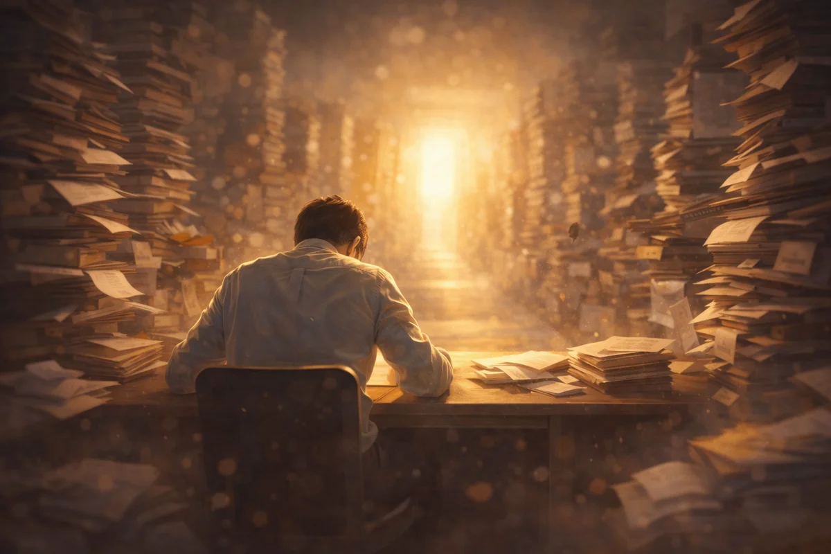 書類の山に囲まれた机で小さな人物が作業し、奥の光へ続く通路が休めない状態を奥行きで表すイラスト