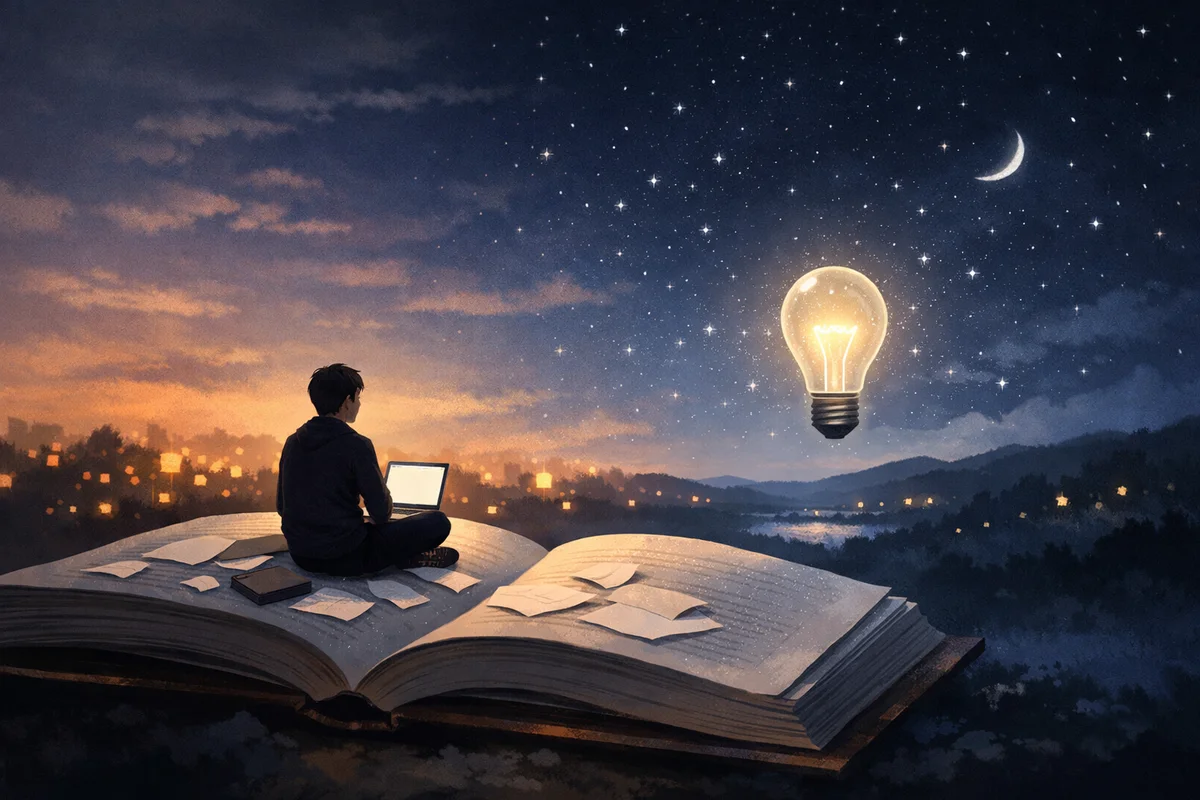 夜の空気に包まれた大きな本の上で、光る電球を見つめる人物が奥へ視線を伸ばすイラスト