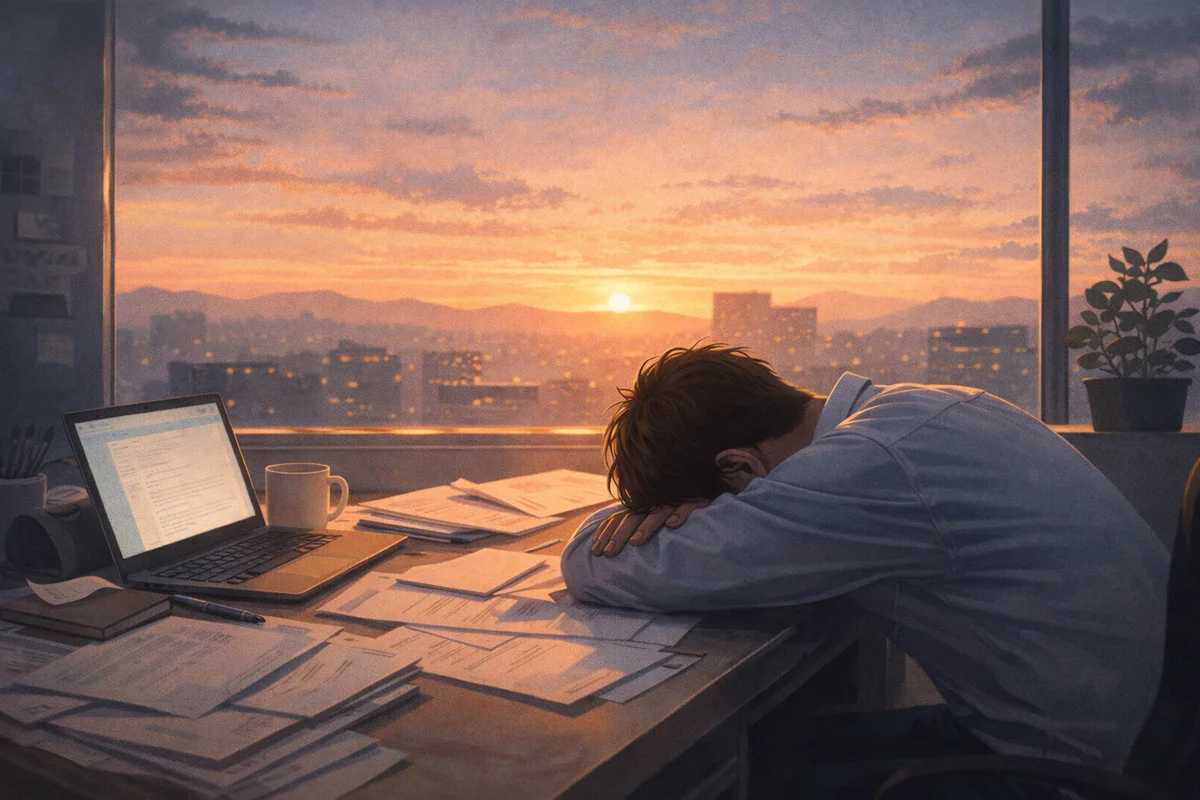 夕焼けが差し込む窓辺のデスクで、書類とノートPCの間にうつ伏せになった人物が静かに休むイラスト
