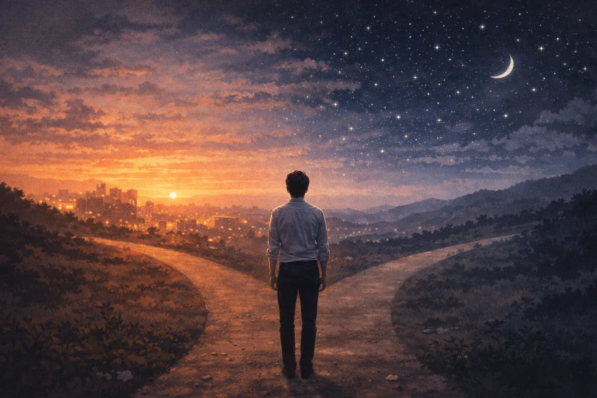 夕暮れの一本道の中央に立つ人物が、遠くの街明かりと山並みへ続く奥行きの景色を見つめるイラスト