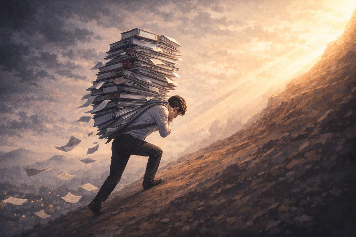 大量の書類を背負って急な斜面を登る人物の背後に紙片が舞い、奥へ光が抜けるイラスト