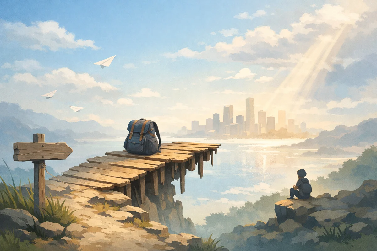 未完成の木製の橋の上に置かれたバッグが主役で、奥に霞む街へ視線が抜ける静かな風景