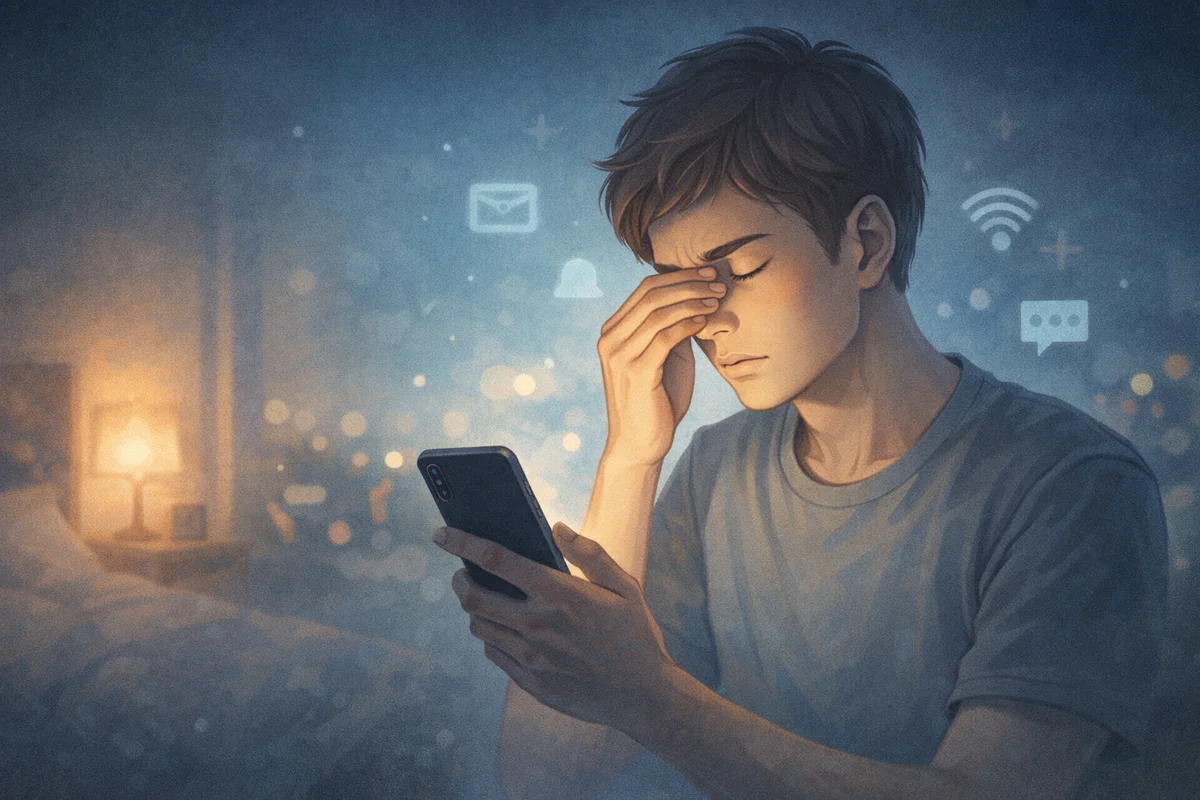 手前に青白く光るスマホ画面が主役で、奥にぼやけたデスク灯がにじむ静かな作業空間