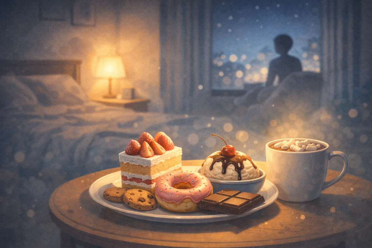 手前の丸テーブルに並ぶケーキとホットココアが主役で、奥に窓辺の夜景がぼんやり広がる寝室風景