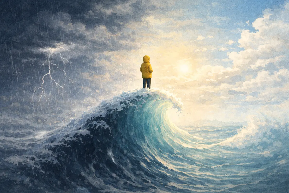 大きな波の頂に立つ小さな人物が主役で、手前のうねりから奥の空へ視線が抜ける広い海景