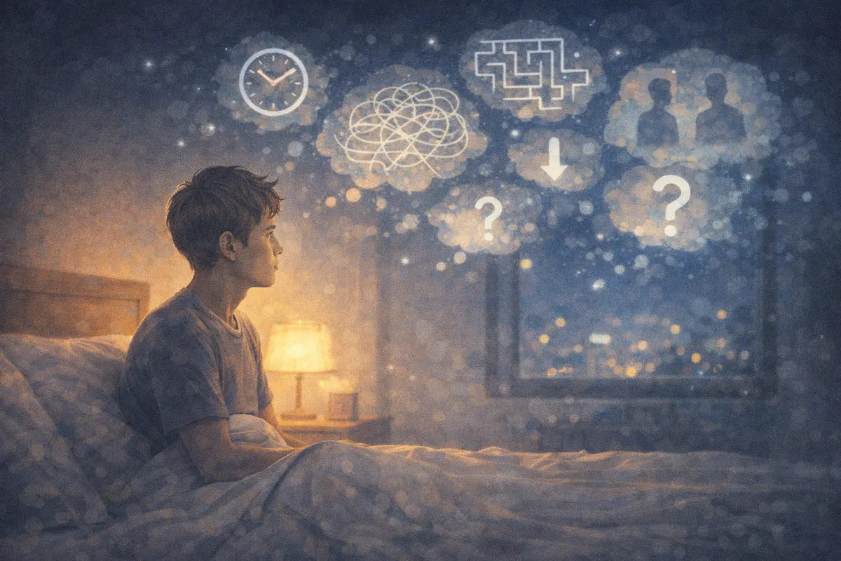 薄暗い寝室で灯りに照らされた枕元が主役で、奥の窓外の夜景へ思考がにじむように広がる風景