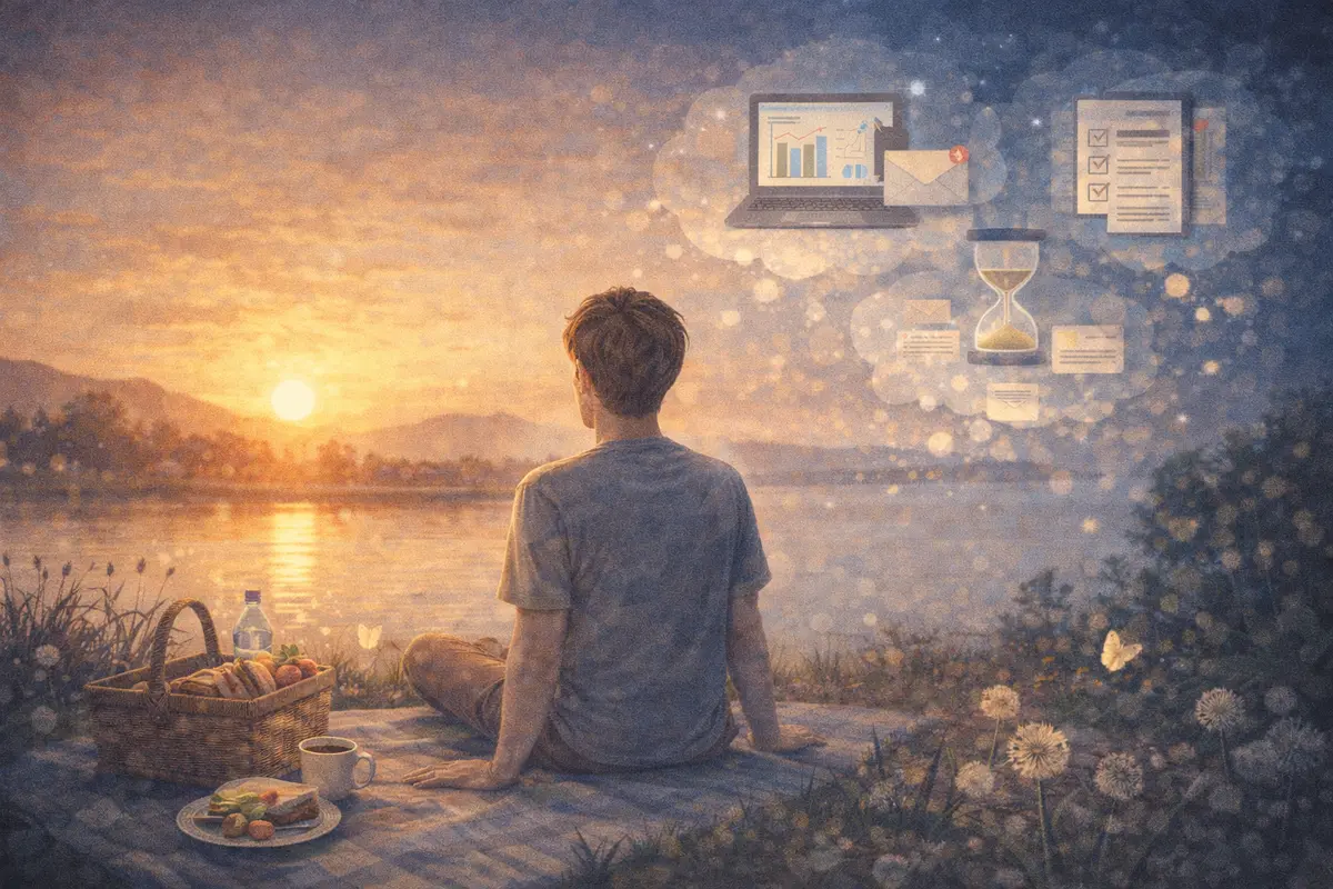 夕暮れの湖畔で座る後ろ姿が小さく入り、手前のピクニック布から奥の水面へ視線が抜ける静かな風景