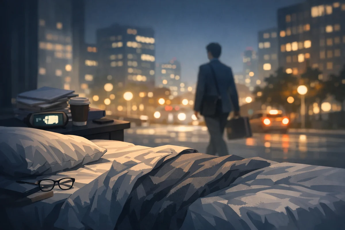 寝室の乱れたベッドと光る目覚まし時計が手前にあり、奥に夜の街明かりと遠ざかるスーツ姿が見える奥行きのある場面