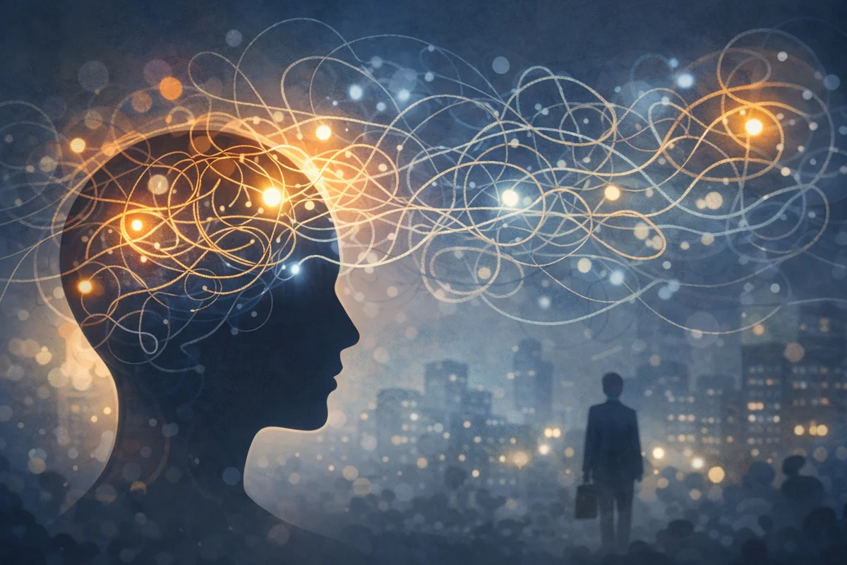 横顔のシルエットの頭部から光の線が奥へ流れ、遠景の街並みと小さな人物が静かに立つ奥行きのある構図