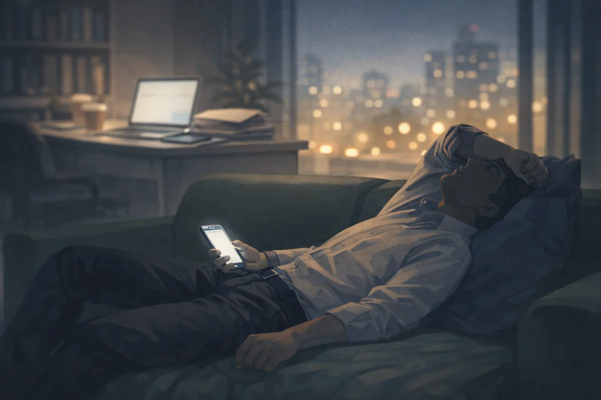 ソファで横になりスマホを手にした人物が手前にいて、奥にぼけた机上のノートPCと夜景の光が重なる奥行きのある室内風景