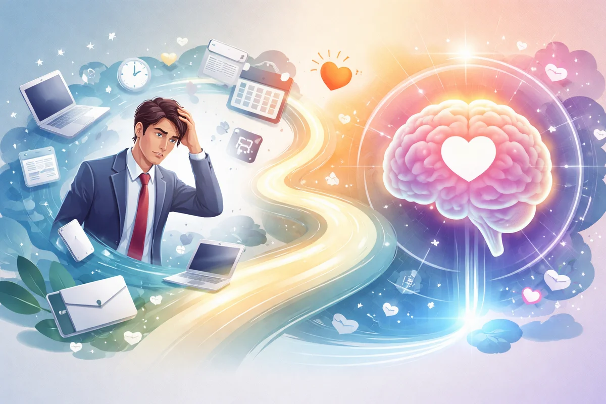 感情が鈍くなる仕組みを象徴するように、仕事に追われる人物と保護された脳が対比された構図をイメージしたイラスト