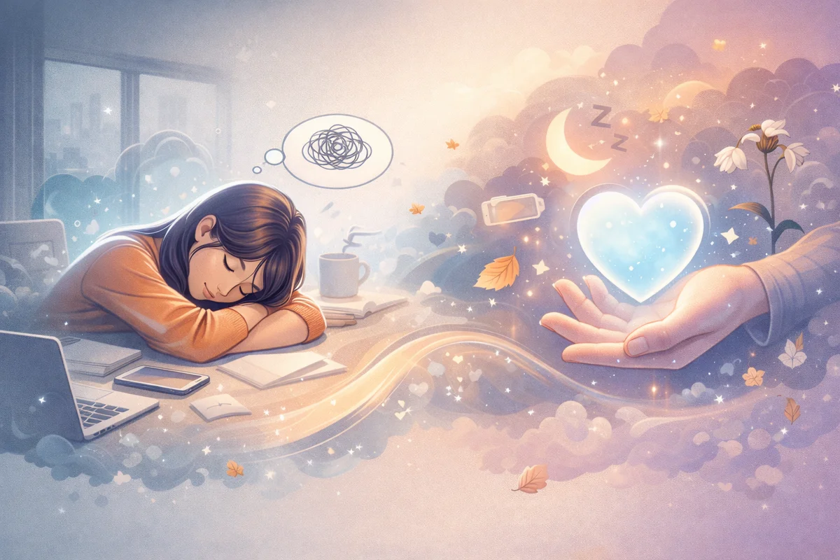 机能が低下したように感じる日常と、手のひらの中の光るハートが象徴する静かな内面の変化をイメージしたイラスト