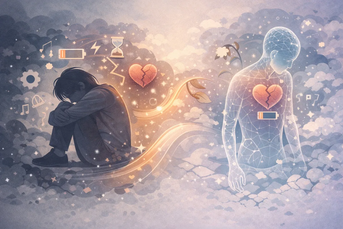 疲労感を抱える人物と、ワイヤーフレーム状の体に現れる心のひび割れやエネルギー低下の記号で、内面的な消耗の様子を対比的に表現したイラスト