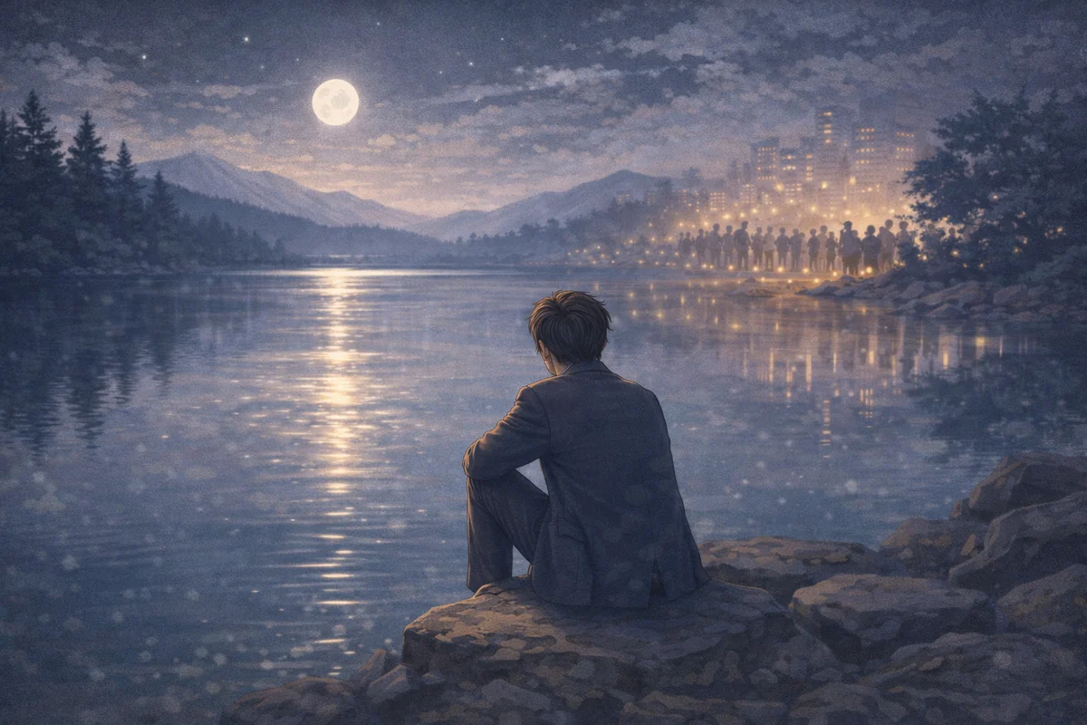 満月に照らされた静かな湖畔で一人座る人物の姿を通して、街の喧騒から距離を置き「静けさ」を求める心の内面を対比的に描いたイラスト