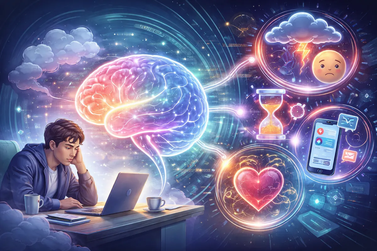 作業机の人物と発光する脳、周囲に象徴的アイコンが漂う未来的な色調の構図を描いたイラスト