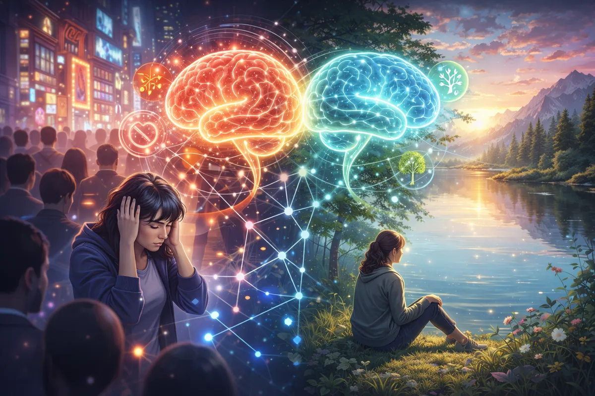 人混みと自然の対比の中で発光する脳と人物配置を全体描いた構図をイメージしたイラスト