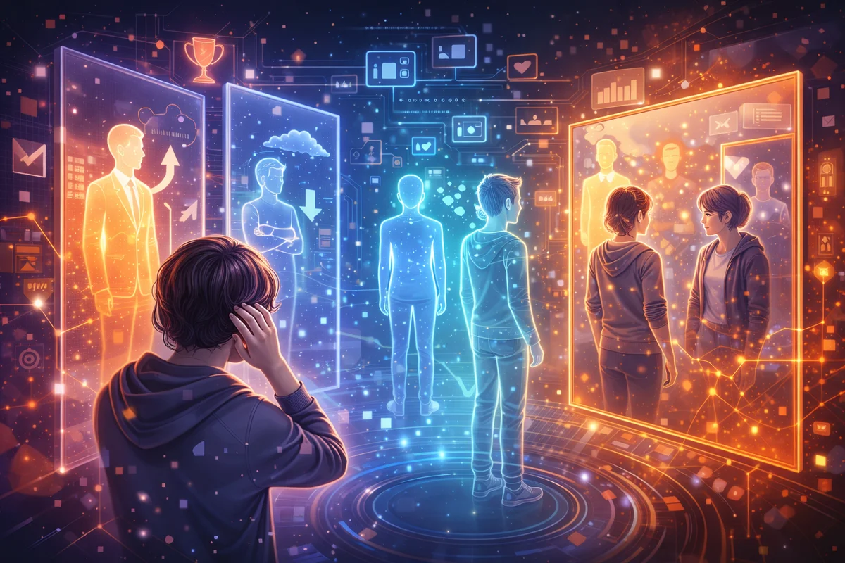 複数の発光パネルに映る人物と中央の主役が対比される未来的空間を描いたイラスト