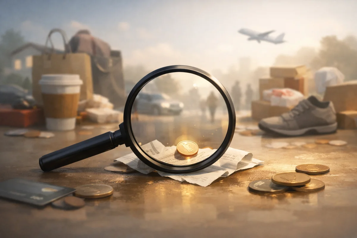 レシートの上の硬貨を虫眼鏡で拡大し、奥に買い物袋や箱がぼけて並ぶ静かな空間