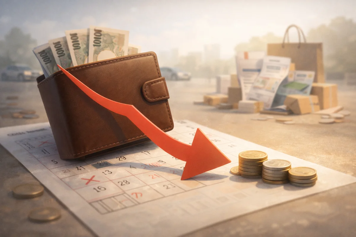 カレンダーの上の財布から札がのぞき、手前に硬貨の山へ視線が流れる奥行きのある整理空間