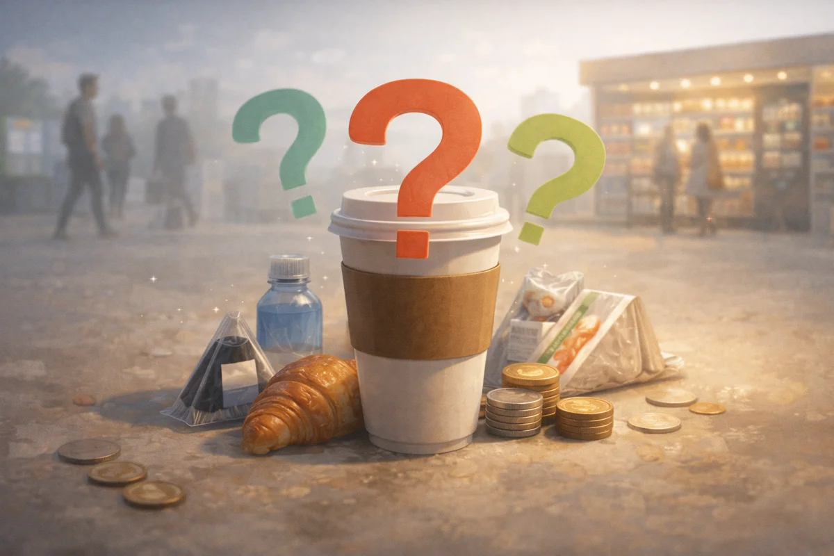 コーヒーカップの周りに軽食や小物が散り、奥に店の光がにじむ奥行きある静かな買い物空間