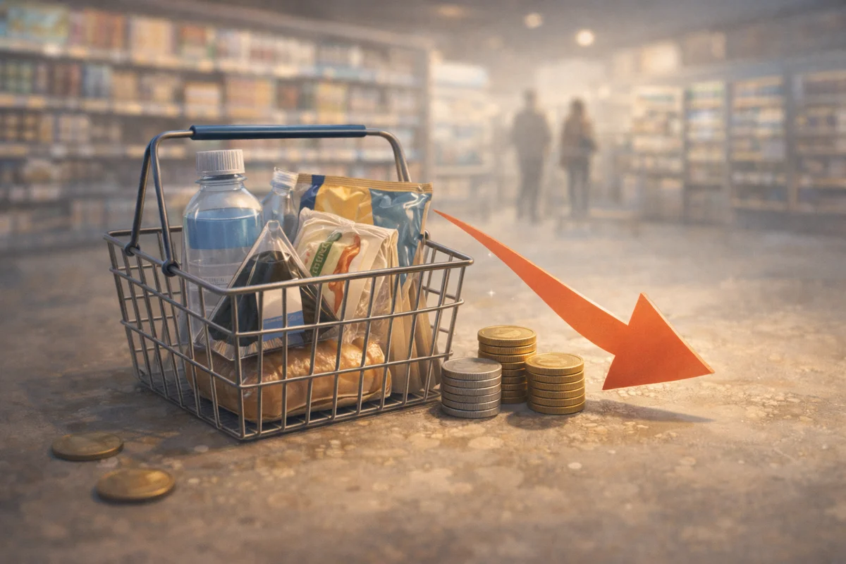 小さな買い物かごと硬貨の山が手前にあり、奥の店内がぼけて続く余白のある一続きの空間