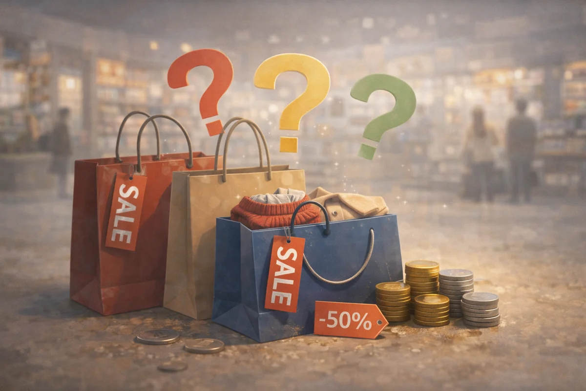 セール札の付いた買い物袋が手前に重なり、奥の売り場がぼけて続く広い一続きの空間