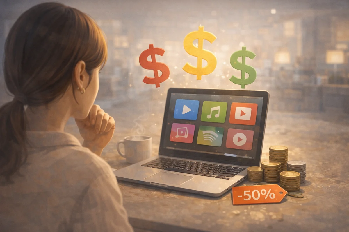 ノートPCのアプリ画面を眺める人物が端に小さく座り、奥へ抜ける光の中に硬貨が積まれた机の空間