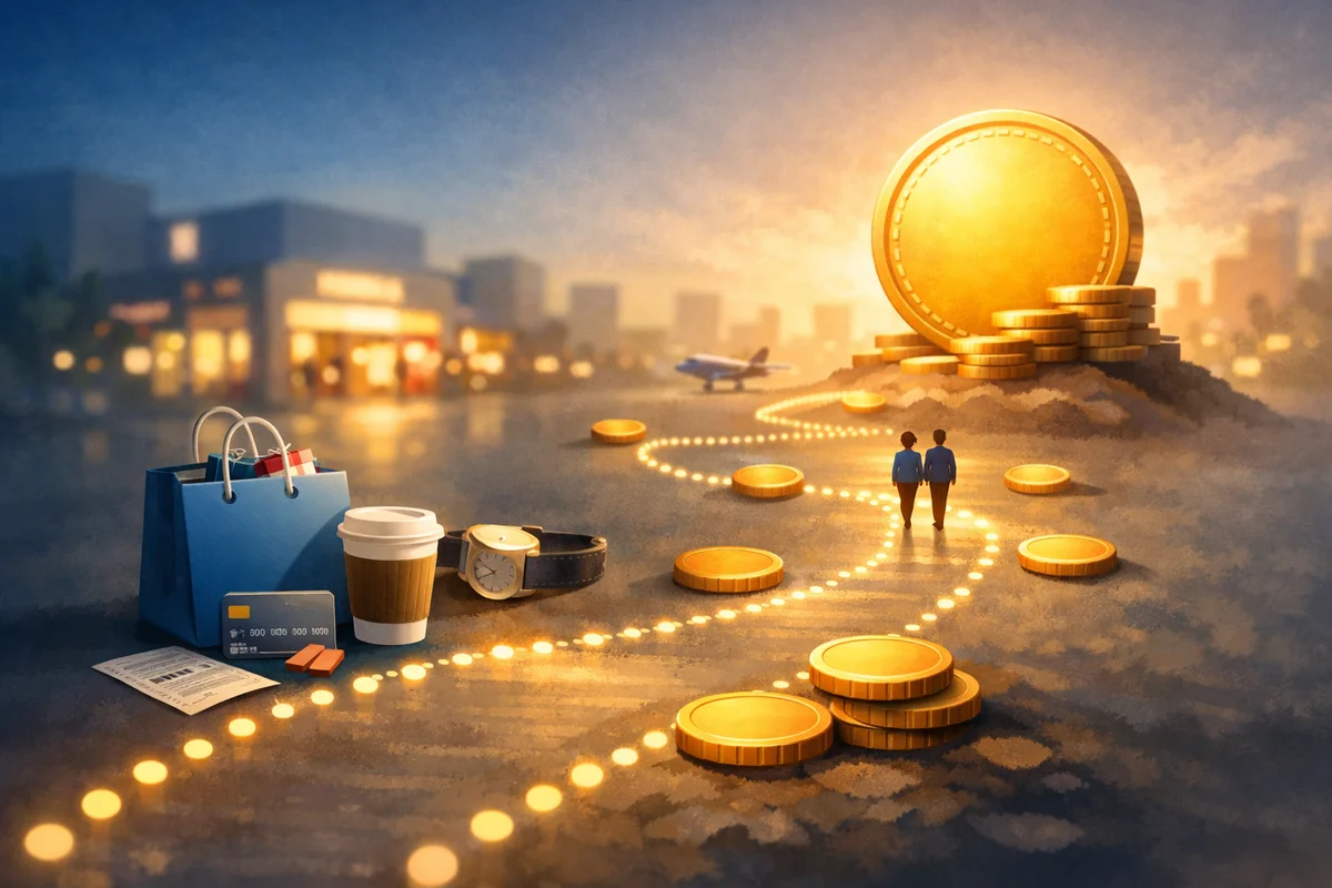 ポイントへ導かれるように小さな硬貨が奥へ続き、遠景に大きな金貨が静かに浮かぶ街の風景