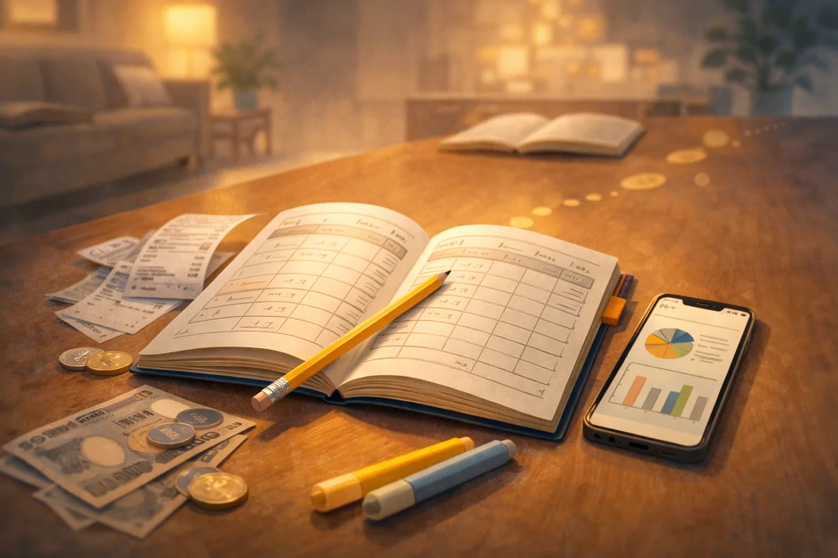 開いた家計ノートとスマホの記録画面が机に並び、レシートと小銭が手前から奥へ静かに続く室内の光