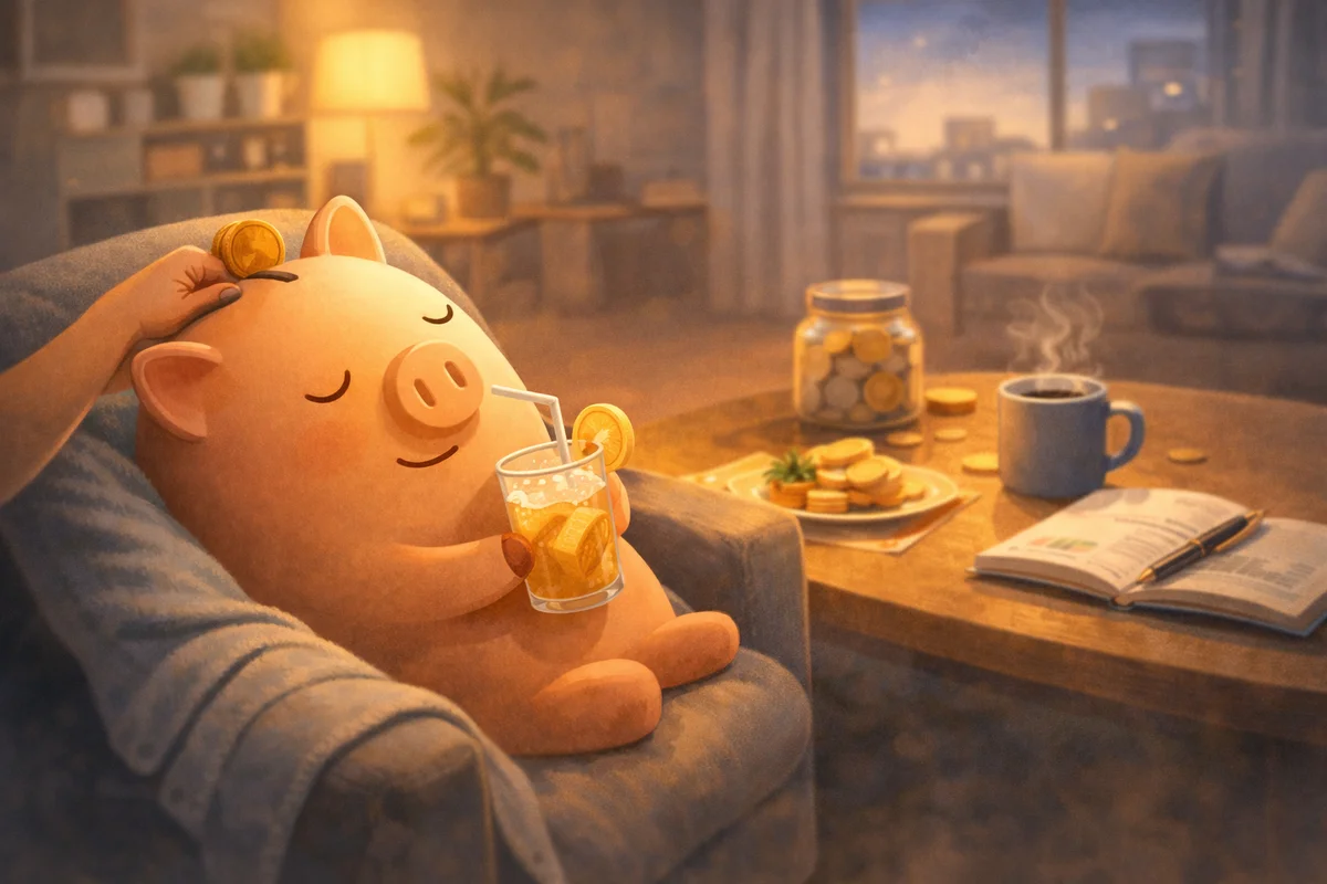 ソファでくつろぐ貯金箱の横に硬貨の瓶と湯気の立つカップが置かれ、奥の窓辺へ柔らかな光が抜ける部屋の景色