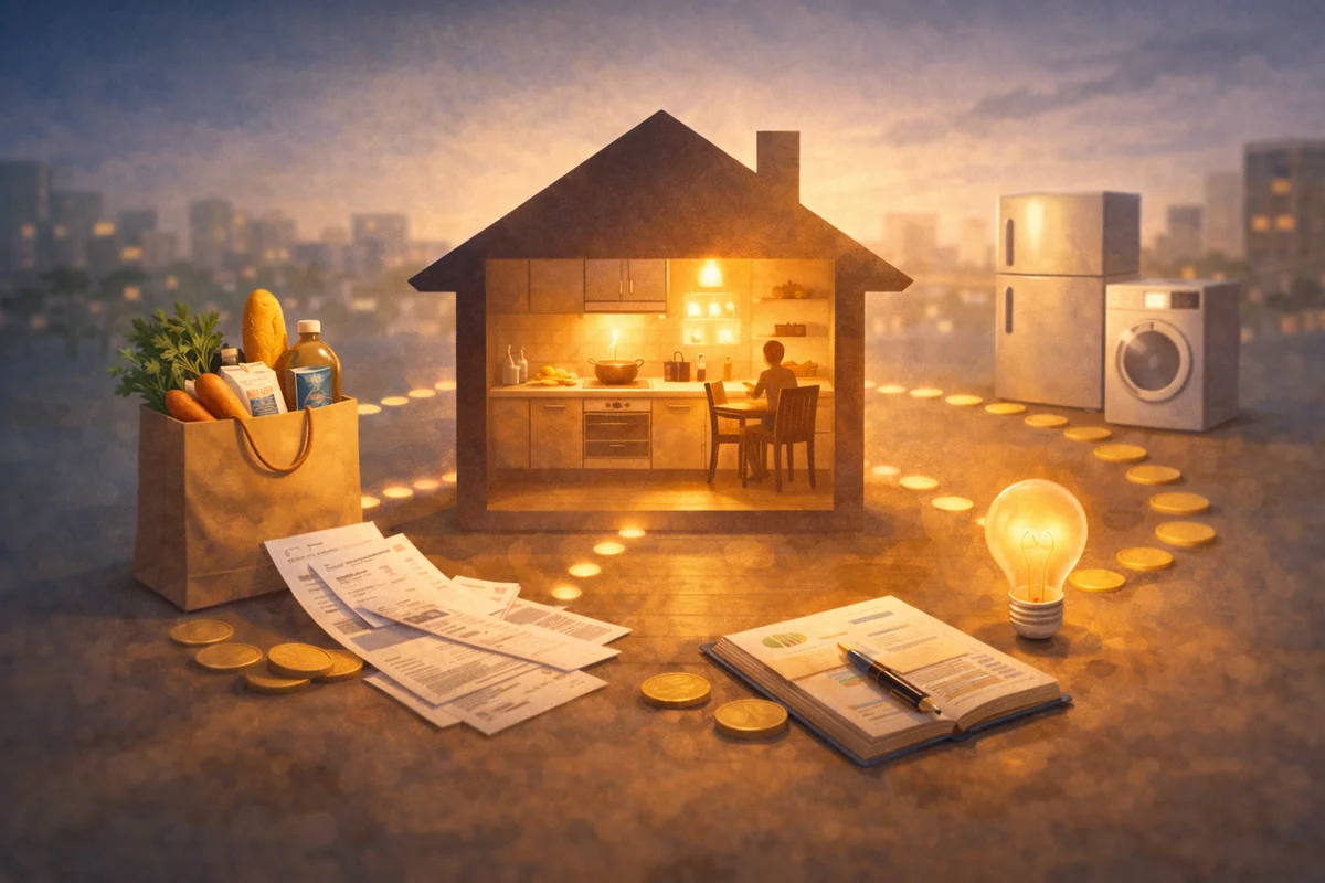 家の形のキッチン空間を中心に、手前の買い物袋と書類から奥の家電へ硬貨の流れが続く、温かな光の広がる風景