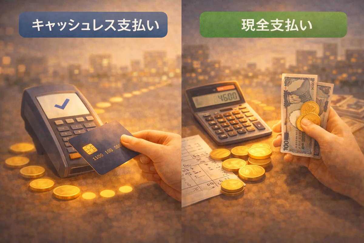 決済端末とカードが手前にあり、奥に現金と計算機がぼんやり重なる、夜景の光の中の支払い場面