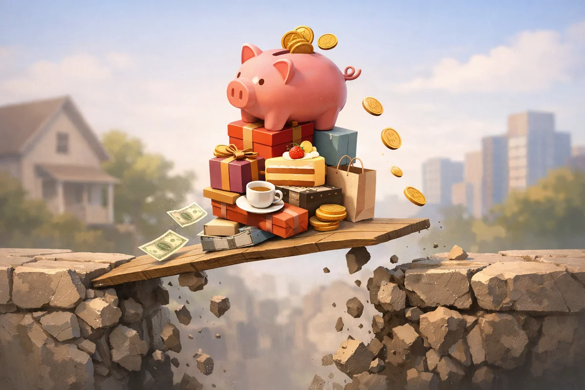 テーブル中央の小さなギフト箱と散らばる小銭、奥に家計簿がぼやけて見える静かな室内