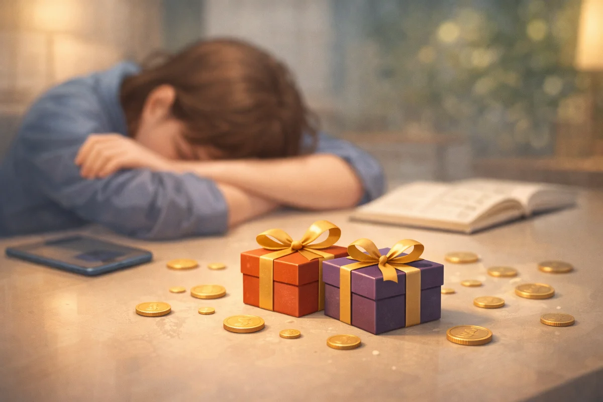 机の上の小さなギフト箱と散らばる硬貨、奥でうつ伏せに休む人と手元のスマホが静かにぼける室内