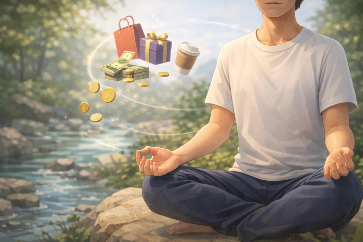 川辺の岩に座る人物の周囲を買い物袋やコーヒーがゆるく漂い、奥へ続く水面と木々が静かに広がる風景