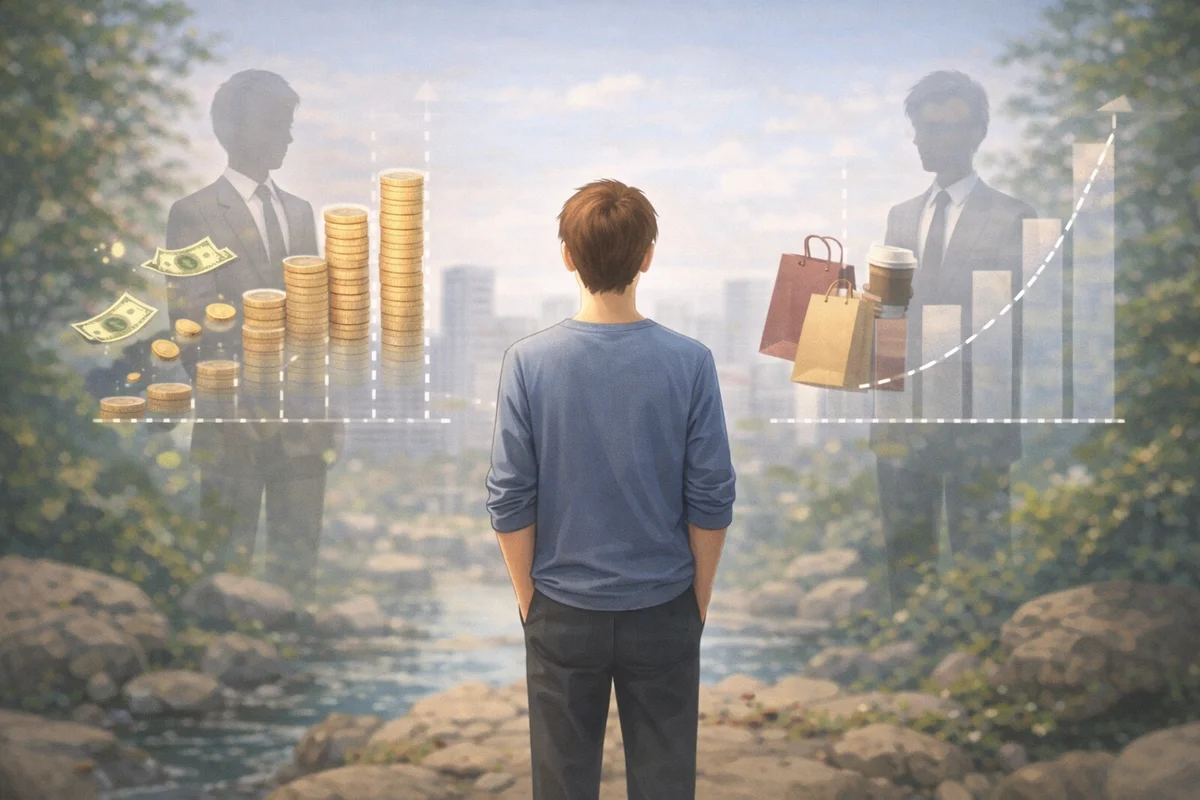 川沿いの道に立つ人物の前に、硬貨の積み上げと買い物袋の気配が半透明に重なり、奥の街並みへ視線が抜ける風景