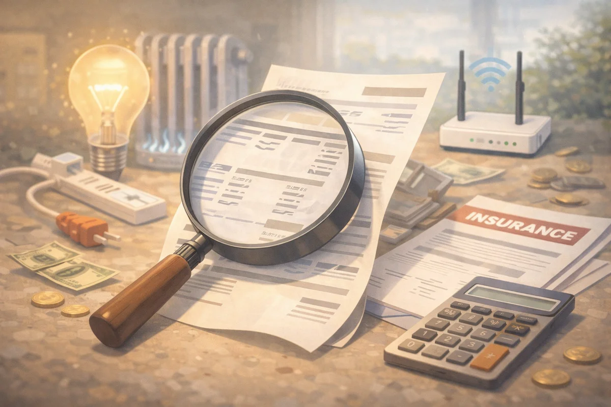 請求書を虫眼鏡で覗く机上に電球やWi-Fi機器と硬貨が散り、奥へ柔らかな光が抜ける落ち着いた室内