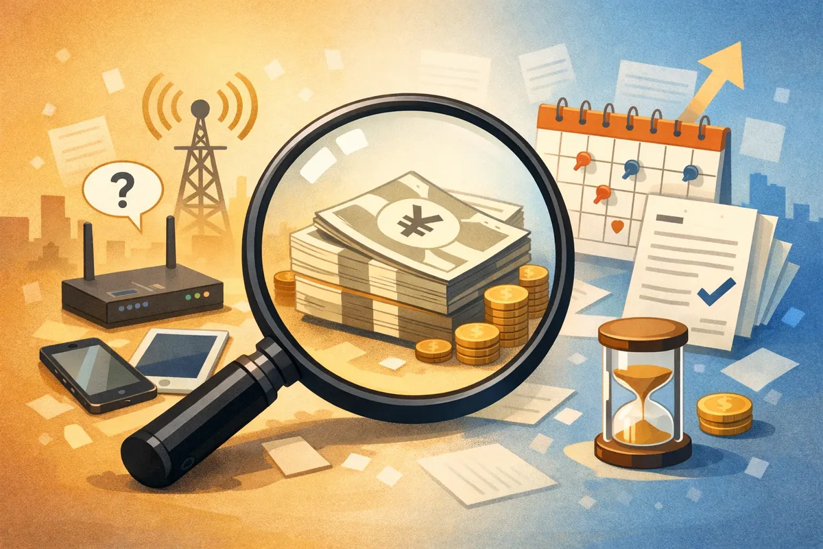 虫眼鏡越しに積まれた紙幣を中心に、奥に通信機器と書類が並ぶ静かな室内のイラスト