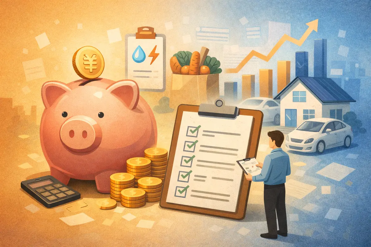大きな貯金箱を主役に、手前の硬貨とチェックリストから奥の家やグラフへ視線が抜ける家計点検のイラスト