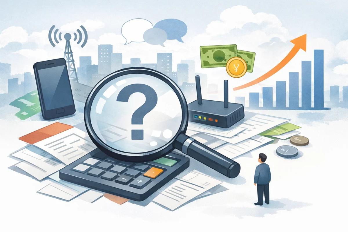 通信費の請求書類に置かれた虫眼鏡とルーターが奥へ続く机上に並ぶ静かな俯瞰イラスト