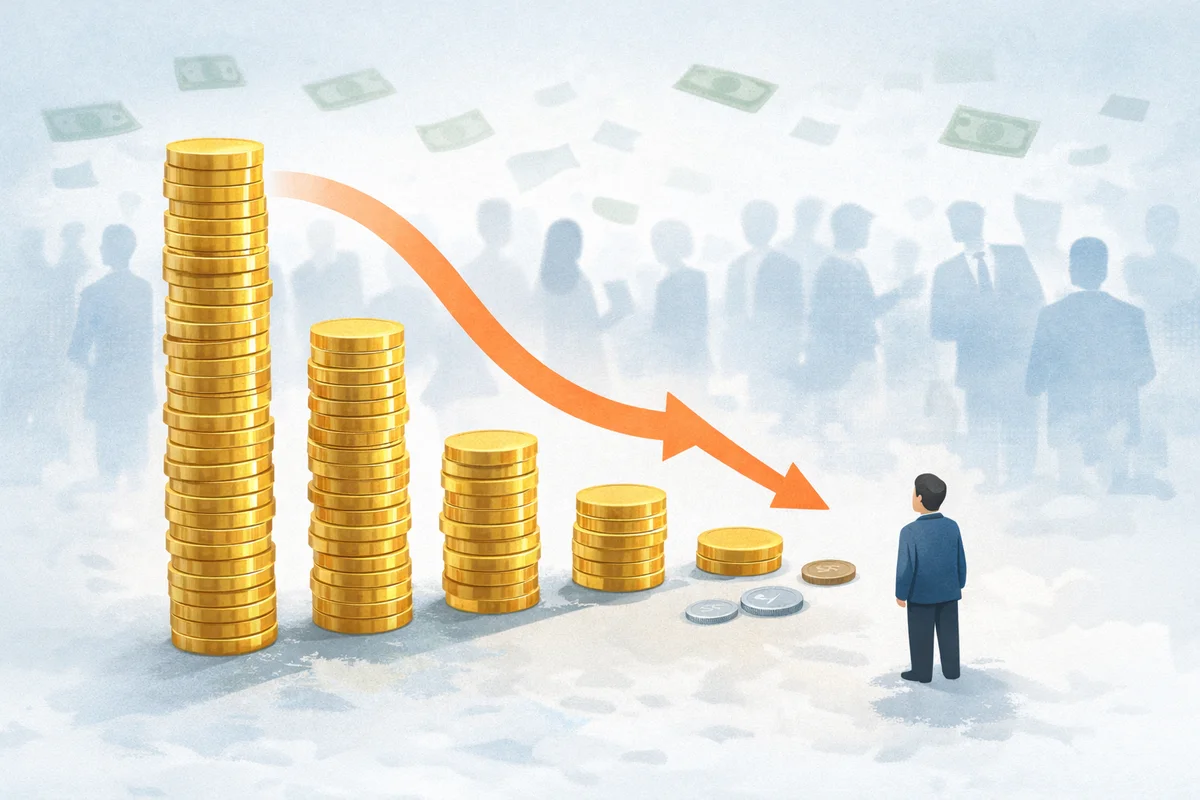 奥にぼけた人影の前で、積み上げたコインが手前から奥へ低く続き、端に立つ小さな人物が見上げる構図