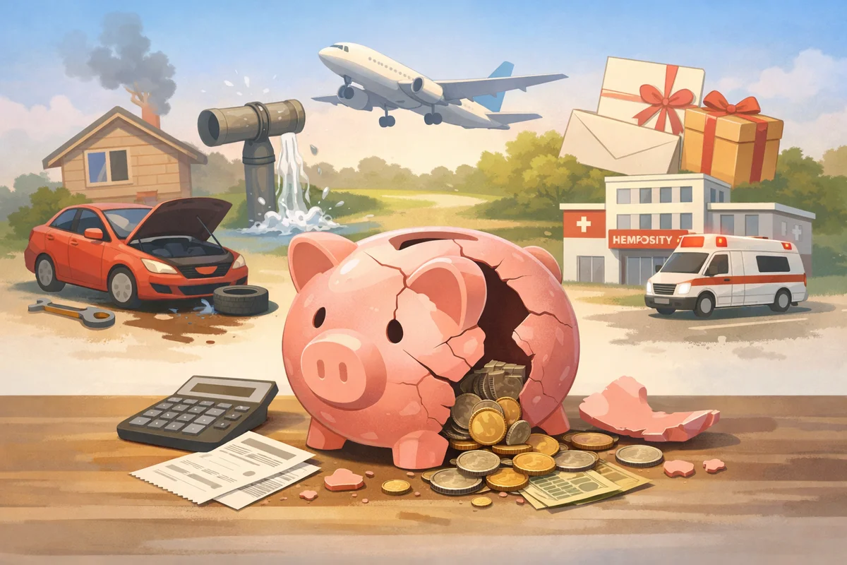 割れたピンクの貯金箱から硬貨がこぼれ、奥に水漏れ管や飛行機、修理車と病院が霞む風景