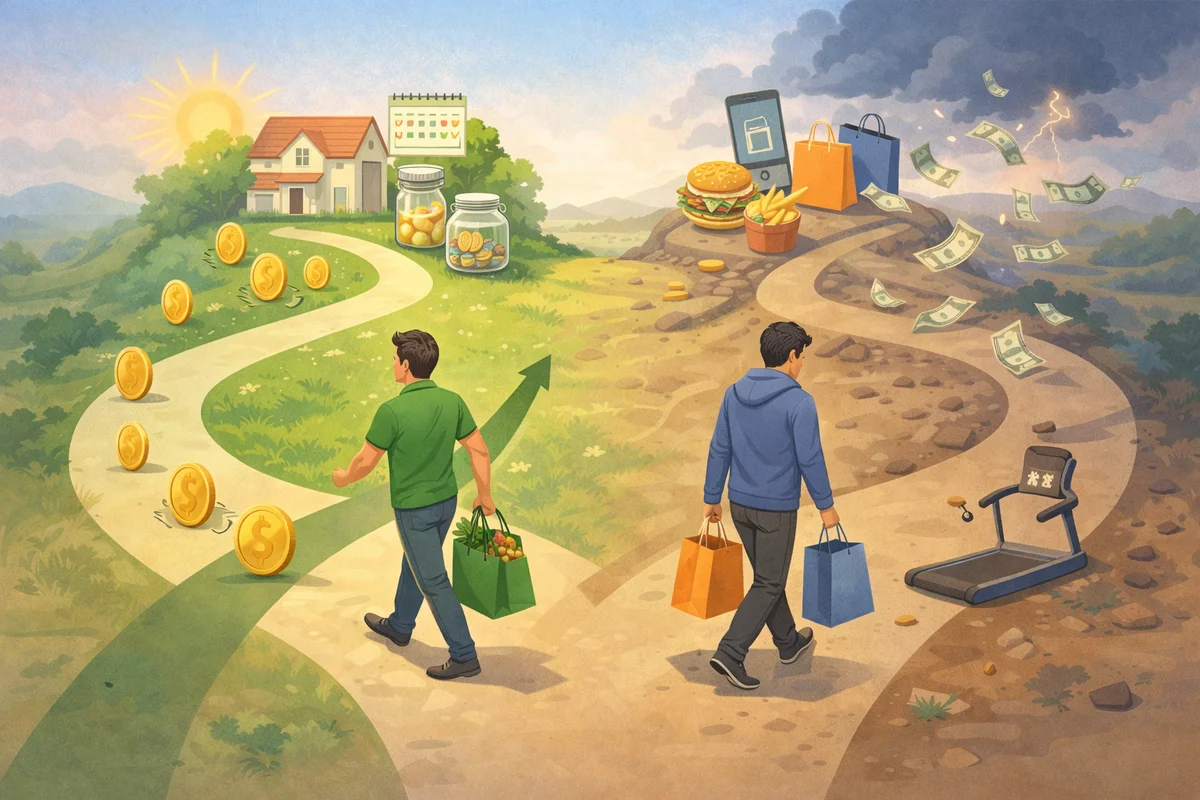 緑の道を進む人と荒れた道を進む人が奥へ続く一つの風景で分かれ、手前に硬貨や買い物袋が散る様子